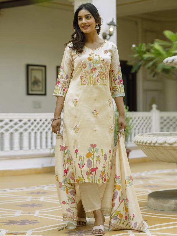 VP 9743 C Floral Printed Handwork Silk Straight Kurta With Trousers & Dupatta Suits